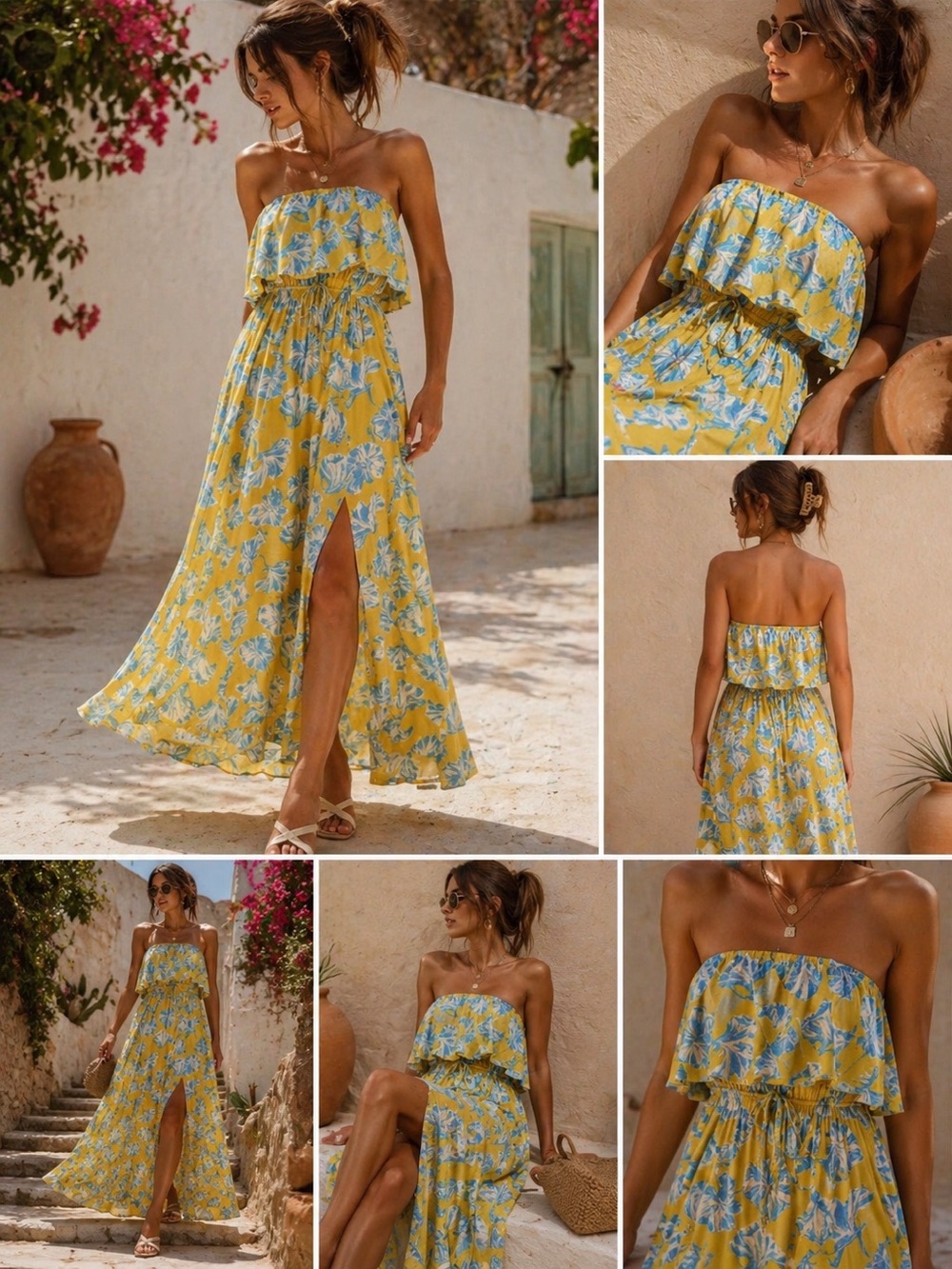 Lulus Love Boldly Yellow Blue Floral Off Shoulder Maxi Dress | Size Small